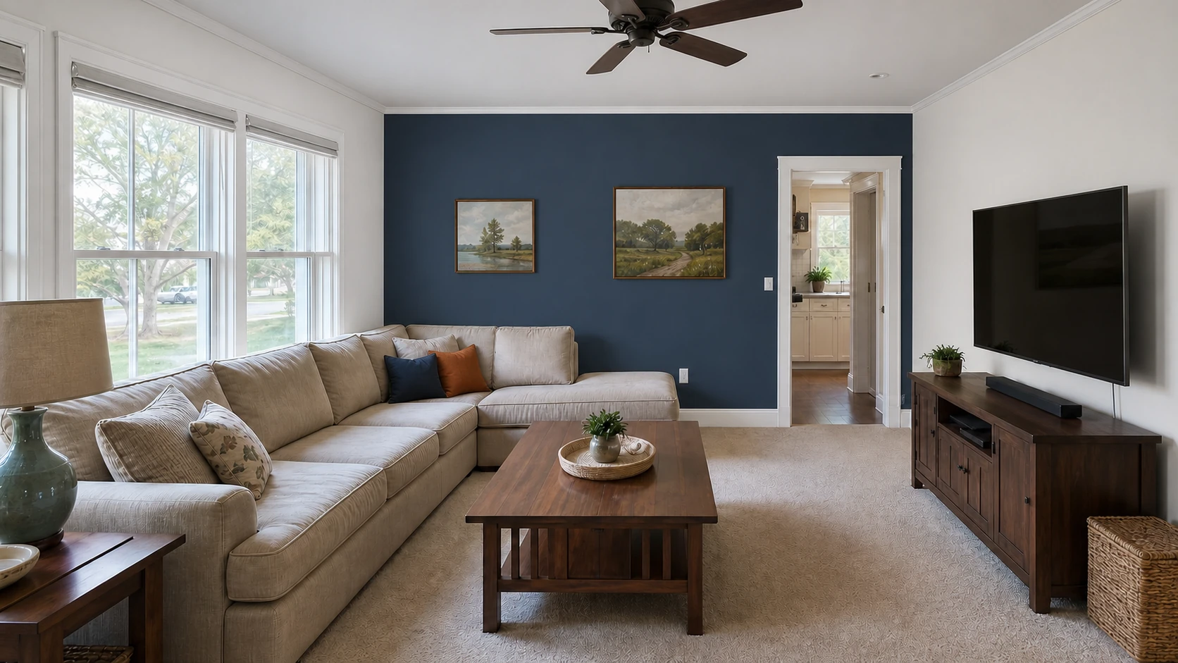 Bright, freshly painted living room after the project